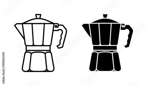 Moka Pot Icon Set with Outline and Solid Black Silhouette
