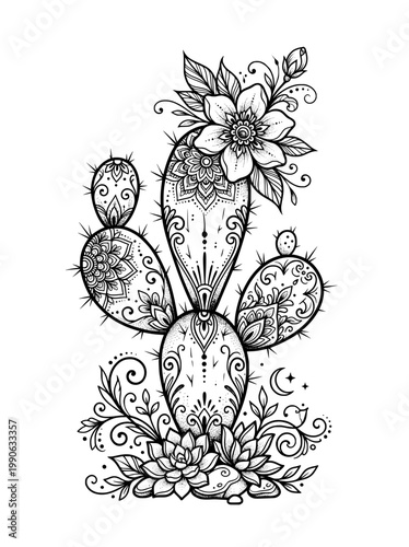 Intricate line art tattoo design featuring a prickly pear cactus adorned with a prominent flower