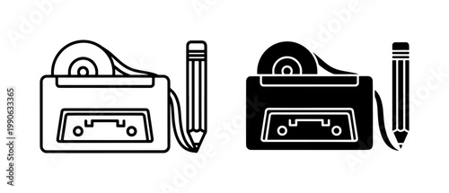 Retro Cassette Tape Rewind with Pencil Icon Set