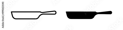 Frying pan icon set with outline and solid black silhouette