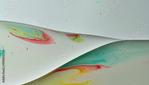 A captivating abstract image showcases swirling patterns of vibrant red, green, and yellow hues blending seamlessly within a pristine white background, creating a mesmerizing visual experience.