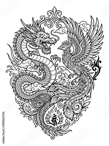 Detailed black and white illustration of a dragon and phoenix locked in a dynamic pose surrounded