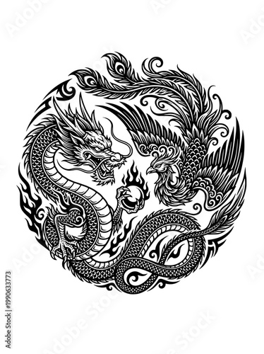 Detailed circular illustration of a dragon and phoenix locked in a yin yang symbol, featuring fine