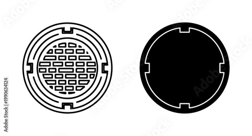 Round Manhole Cover Outline and Silhouette Vector Icons