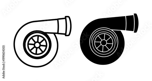 Turbocharger Car Engine Parts Black Outline and Solid Icon Set