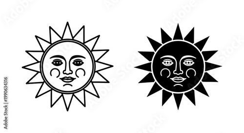 Celestial Sun Face Icons in Vintage Woodcut Style
