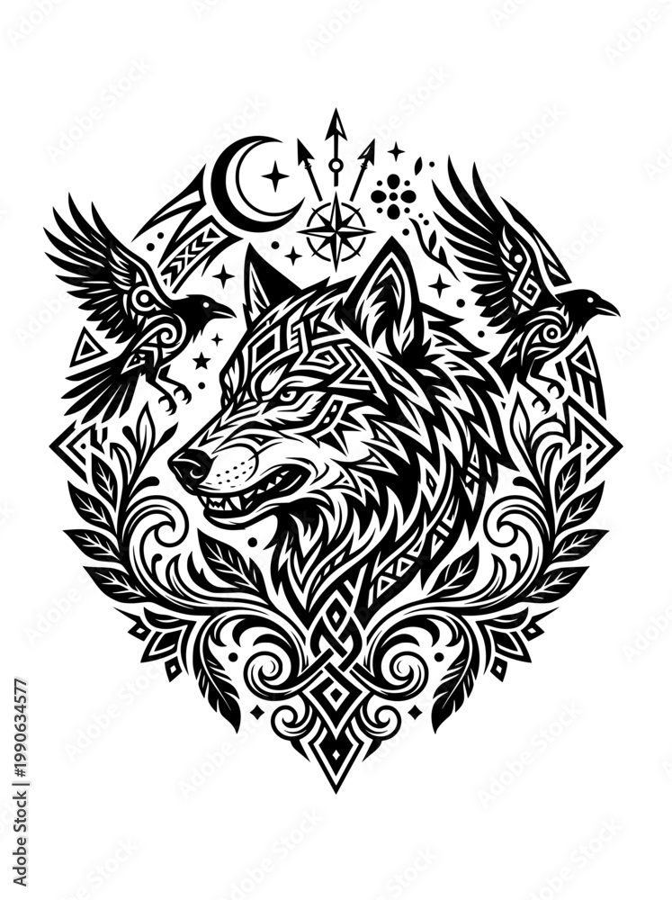 Fototapeta premium Detailed black and white illustration of a fierce wolf head surrounded by decorative patterns two