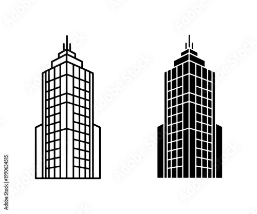 Skyscraper Building Icon Set in Line and Solid Style
