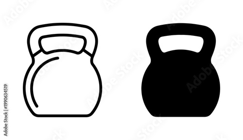 Kettlebell fitness icon set in outline and solid black style
