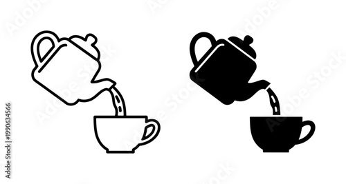Teapot pouring liquid into cup icon set