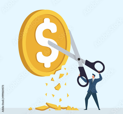 Businessman cutting giant dollar coin with scissors, Budget Cut, Price Reduction, Cost Control, Financial Loss, Inflation