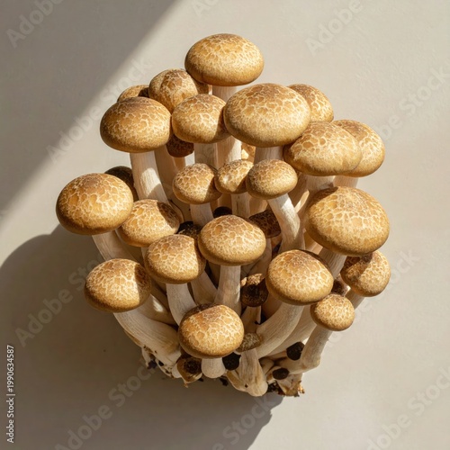 A cluster of fresh shiitake mushrooms basks in sunlight against a neutral background, showcasing their earthy tones and organic texture.