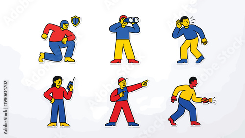 Flat Vector Security & Communication Characters Set: Guard, Observer, Communicator, Searcher