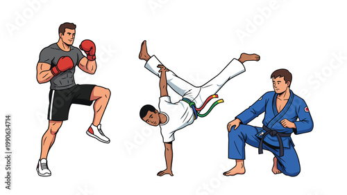 Diverse Martial Arts and Combat Sports Training Illustration Set
