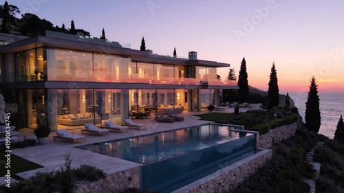 Contemporary Glass Mansion with Sunset Glow