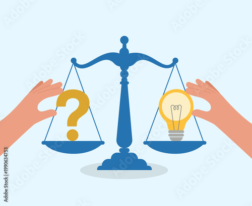 Hands balancing a question mark and a lightbulb on a scale, illustrating the evaluation of problems and solutions or weighing ideas, Problem and Solution, Weighing Ideas, Finding Answers