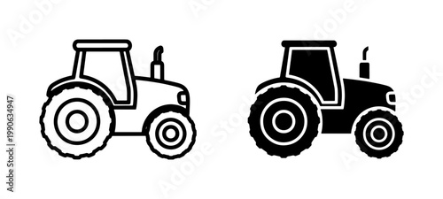 Farm tractor icon set in outline and solid black style