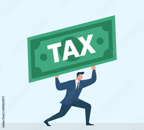Stressed businessman lifting a giant green tax banknote, illustrating the heavy burden of corporate taxes and financial struggle, Heavy Tax Burden, Financial Struggle, Corporate Taxation