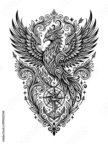 Intricate black and white vector illustration of a phoenix emblem with a sword, perfect for tattoo