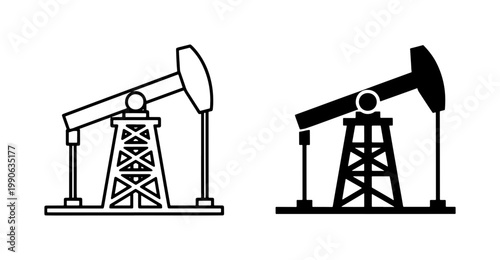 Oil pump jack icon set with outline and solid silhouette