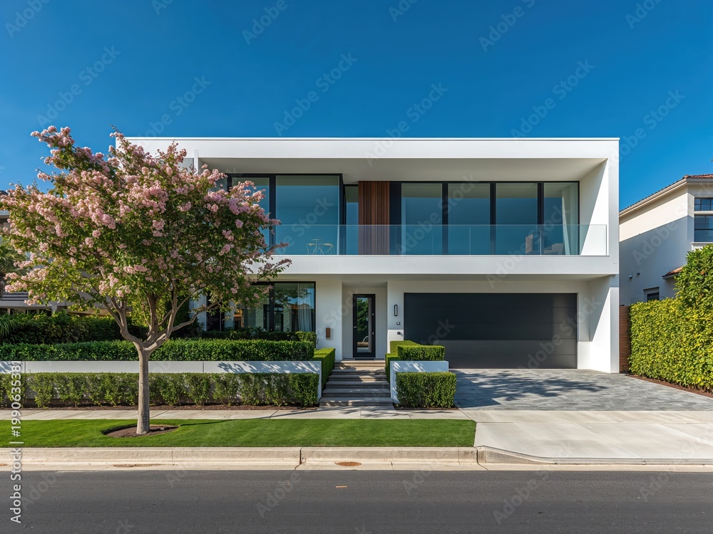 Fototapeta premium Contemporary modern house with large glass windows, clean lines and landscaped front yard, representing luxury residential architecture and minimal exterior design