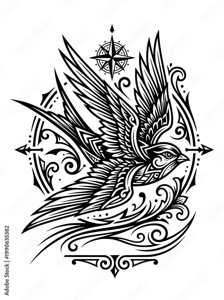 Obraz premium Black and white illustration of a swallow bird in flight with ornate swirling details and a compass