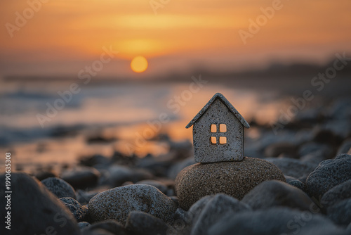 Symbolic house icon on rocky shore at sunrise with warm orange sky and calm sea waves creating peaceful and inspiring coastal scene