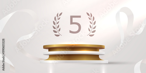 Top 5 winners podium with golden laurel wreath. Celebration background for award ceremony. Vector illustration