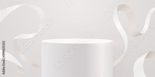 Minimalist white product display podium with flowing ribbons. Elegant empty stage for your brand. Vector illustration
