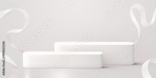 Minimalist white product display podium with elegant ribbons. Clean modern stand for your brand. Vector illustration
