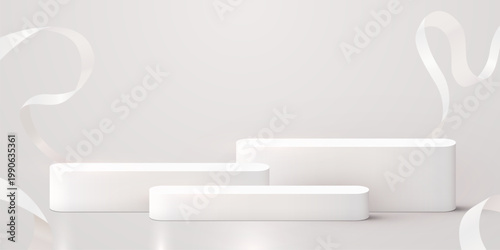 Minimalist white product display podiums with floating ribbons. Elegant stage for cosmetic presentation. Vector illustration