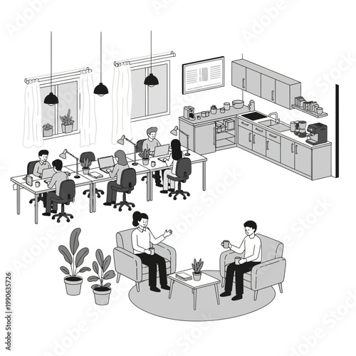 Modern office interior with employees working at desks and relaxing in lounge