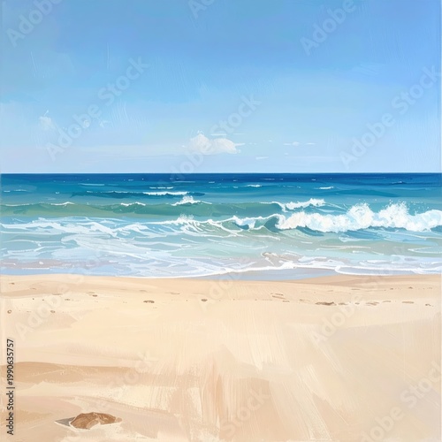 A serene digital painting depicts a tranquil beach scene with gentle waves and a clear blue sky.