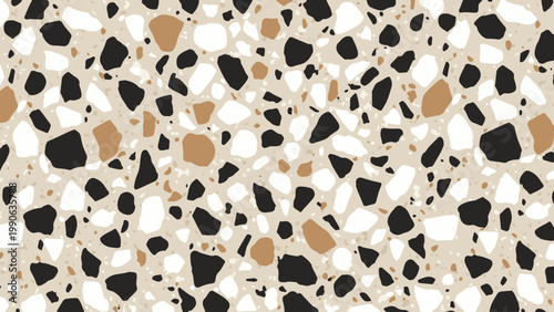 Seamless vector terrazzo pattern, modern and abstract, featuring irregular chips in black, white, and brown, ideal for contemporary graphic design backgrounds and stylish surface textures