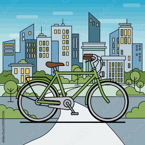 Green city bicycle parked on a path in front of a modern urban skyline