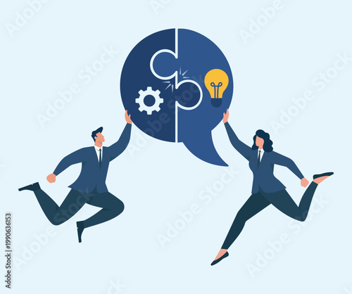 Business team connecting a speech bubble puzzle with gear and lightbulb icons, representing teamwork, communication, and executing innovative solutions, Collaborative Problem Solving