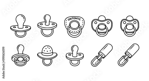 Fotografi Comprehensive baby pacifier and orthodontic soother vector icon set featuring various nipple shapes, shield designs, and attachment clips in clean line art