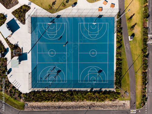 Top down aerial view of basketball courts.