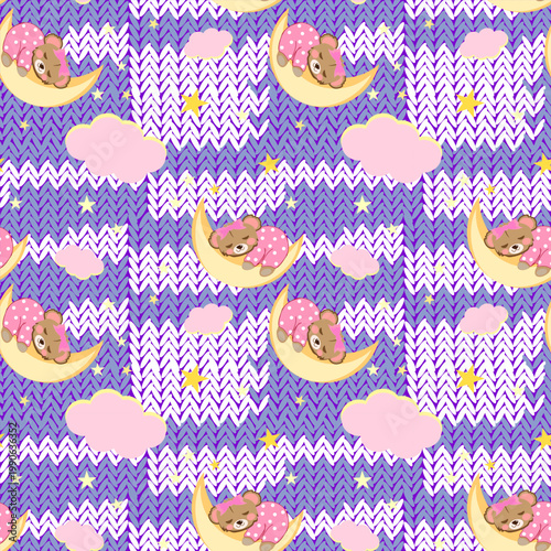 Adorable children's vector pattern cute teddy bear in pink polka dot pajamas with bow sleeps on crescent moon