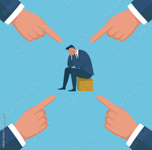 Sad businessman being blamed and judged by giant pointing fingers, representing workplace harassment, guilt, and failure, Workplace Bullying, Blame and Accusation, Public Shaming, Employee Stress