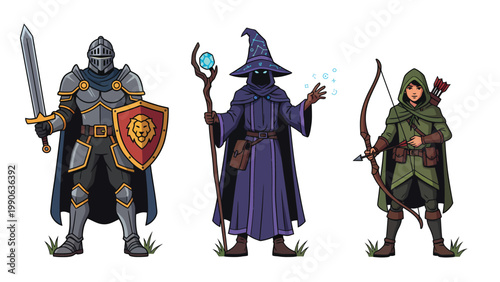 Fantasy Adventure Party Characters: Knight, Wizard, and Archer Heroes Illustration
