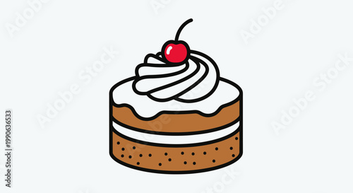 A stylized, two-layer chocolate cake topped with white frosting and a cherry