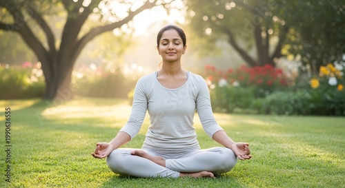 happy smiling indian woman doing meditating and yoga lotus pose in green garden environment