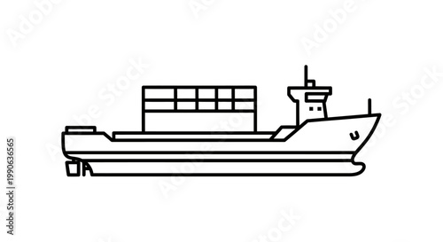 Stylized linear illustration of a container ship, showing deck and superstructure