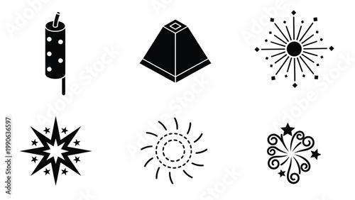 Firework Icons Set. Black vector symbols for celebration, New Year's Eve, party, explosion, and pyrotechnics.
