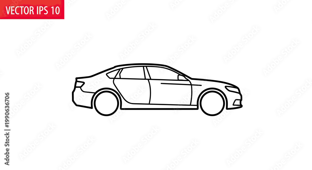 Fototapeta premium Black line drawing of a modern four-door sedan on a white background