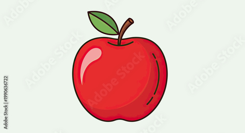 A stylized red apple with a green leaf and brown stem on a pale background