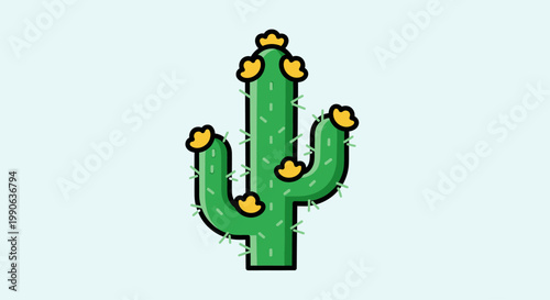 Simple cartoon cactus with yellow flowers and sharp spines on a light blue background