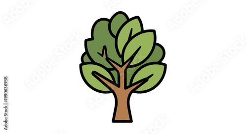 Stylized green tree with brown trunk and leaves, outlined in black