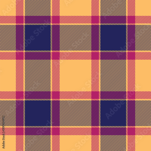 Flowing texture tartan textile, network plaid vector pattern. Give check fabric background seamless in orange and blue colors.